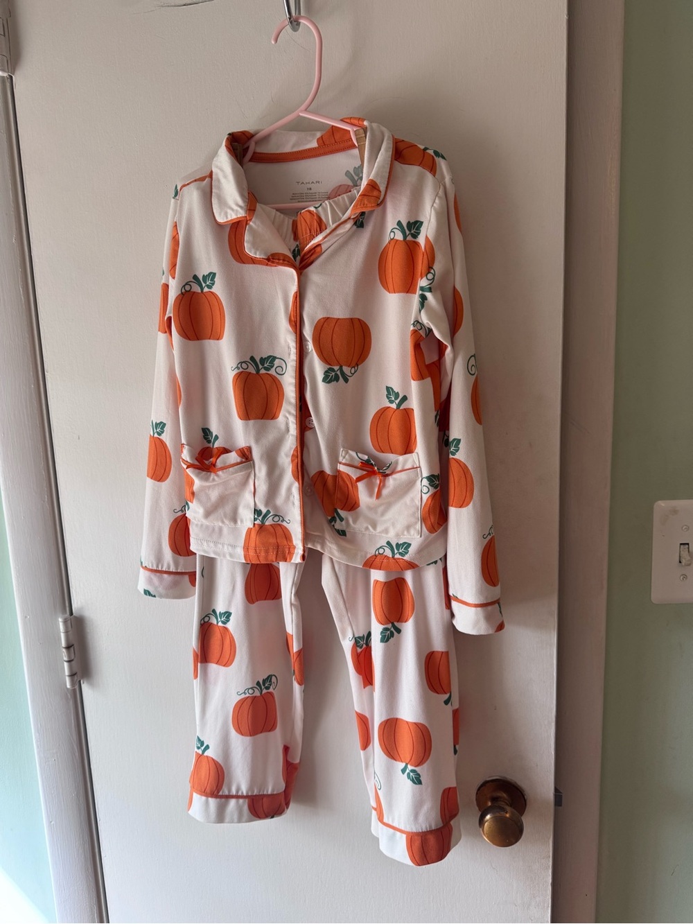 Tahari White Pajama Set with Orange Pumpkin Print